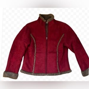 LL Bean Red Faux Suede Sherpa Lined Flower Embroidery Short Jacket Size M EUC